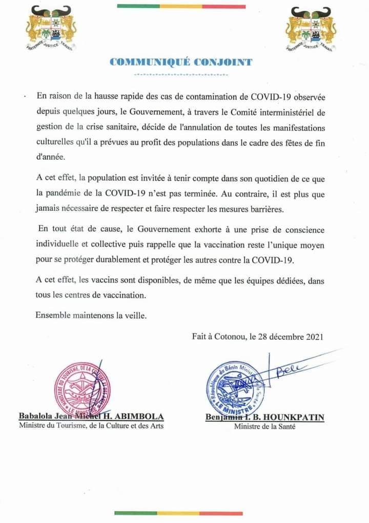 Covid-19 : Annulation de toutes les manifestations culturelles prévues en cette fin d'année par le Gouvernement.